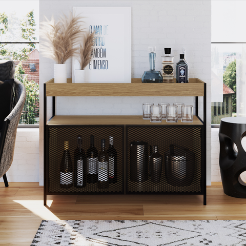 Buffet Aparador Bar Industrial Retrô 2 Portas e Nicho Madeira/Aço 100cm York