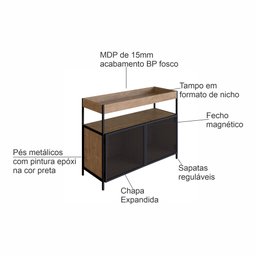 Buffet Aparador Bar Industrial Retrô 2 Portas e Nicho Madeira/Aço 100cm York - 9