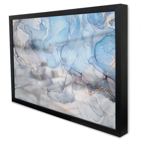 Quadro Decorativo Caixa Alta com Vidro Abstrato Mármore Azul Maya TaColado Moldura Preta 90 x 60cm