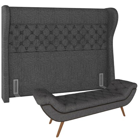 Kit Cabeceira Cama Box Queen 160 Cm Madrid com Puff Recamier Santorini Linho Cinza Escuro-lyam Decor