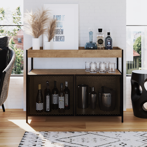 Buffet Aparador Bar Industrial Retrô 2 Portas e Nicho Madeira/Aço 100cm York