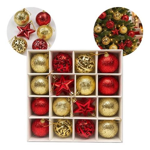 Kit 16 Enfeites Natalinos Bolas Estrela para Árvore de Natal