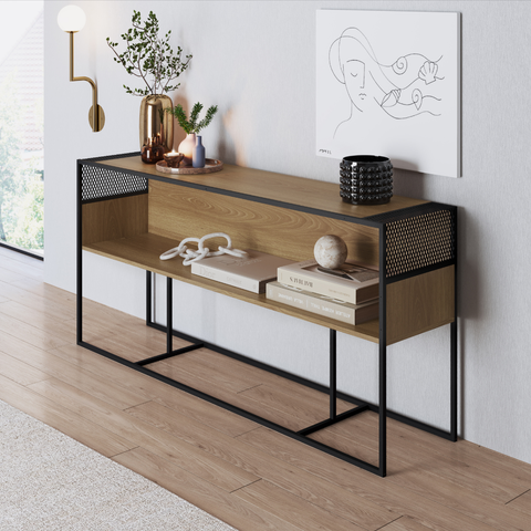 Aparador Industrial Retrô com Nicho Madeira/Aço 160cm York Bege/Hanover/Preto