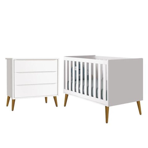 Jogo de Quarto Infantil Theo Retrô Cômoda 3 Gavetas e Berço Branco Fosco com Pés Amadeirado -