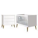 Ver imagem 1 de Jogo de Quarto Infantil Theo Retrô Cômoda 3 Gavetas e Berço Branco Fosco com Pés Amadeirado -