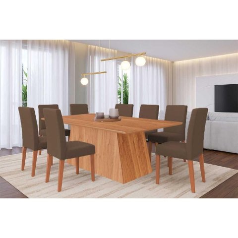 Sala de Jantar Completa Helena Tampo Madeirado 210x100cm e 8 Cadeiras Maia Cinamomo - Cinamomo/suede