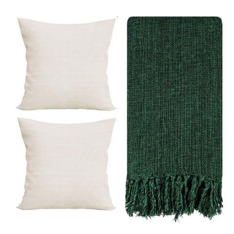 Kit 2 Capas de Almofada Linho 42x42cm + Manta de Sofá Verde