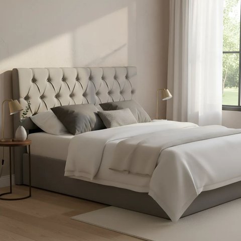 Cabeceira Estofada Casal Capitonê 140x117cm Cinza com Botões na Mesma Cor - Fixa no Box