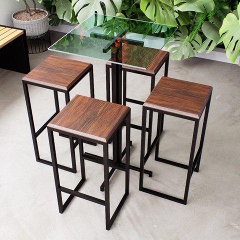 Conjunto Mesa Alta Bar Bistrô Quadrada Vidro 4 Bancos Imbuia Industrial Black Don Castro Decor Indus