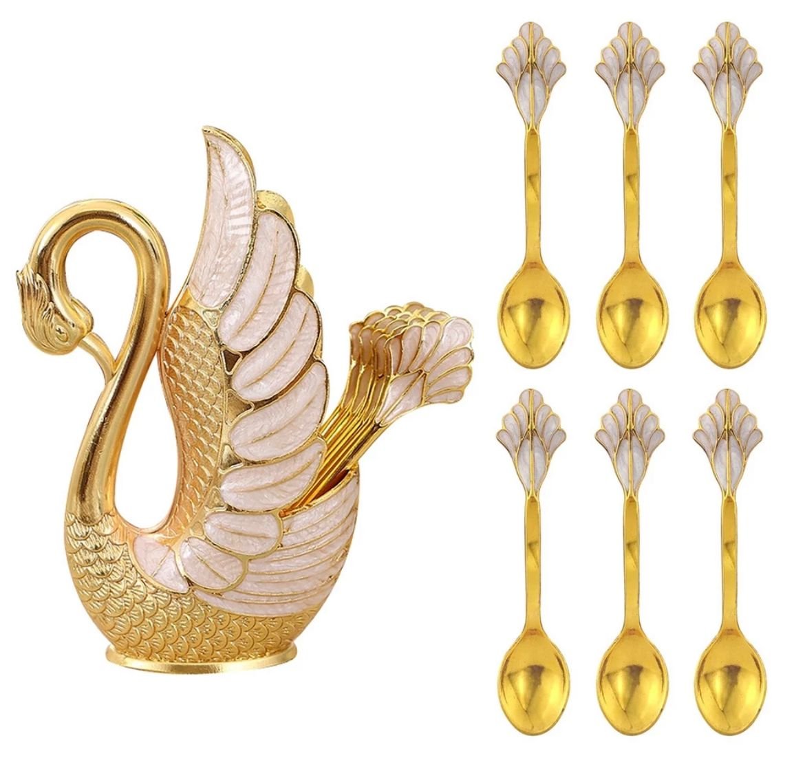 6 Peças Colher & 1 Peça Desenho Cisne Suporte de Dourado de Armazenamento