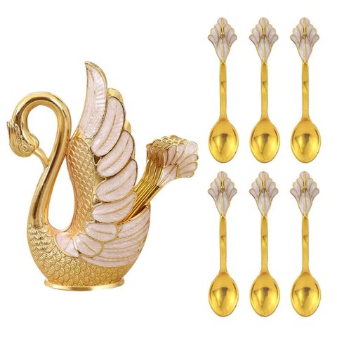 6 Peças Colher & 1 Peça Desenho Cisne Suporte de Dourado de Armazenamento