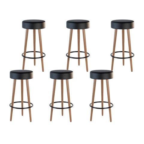 Kit 6 Banquetas Banco Alto Londres Couro Preto Bar Cozinha Pés Madeira Ms Decor