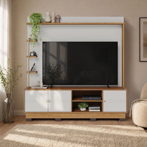 Estante para TV e Home Theater até 70 Polegadas 180cmx186,5cm 3 Portas Paraná Branco Off White Matte/Freijó