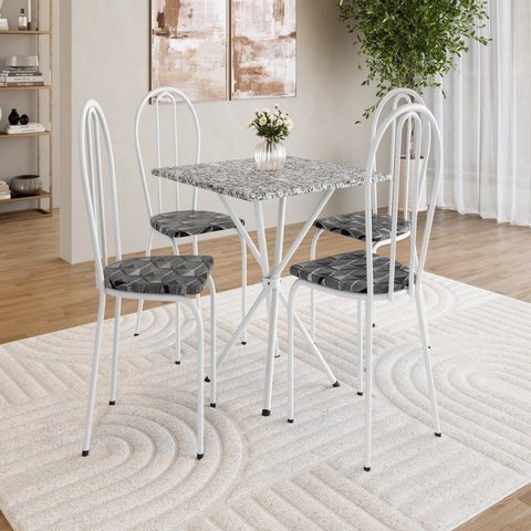 Conjunto Sala de Jantar Mesa Quadrada 70cm Tampo Granito com 4 Cadeiras Leia Branco/Mosaico/Ocre