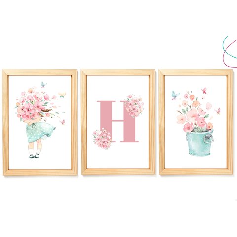 Kit com 3 Quadros Decorativos Menina em Aquarela Flores: Pinus