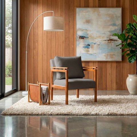 Poltrona Sala Decorativa Dallas Estofada Boucle Cinza Base Madeira Castanho - Arkell
