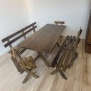 Ver imagem 1 de Conjunto Mesa de Madeira Maciça Rústica para Churrasco com 2 Bancos e 2 Cadeiras Marrom/Imbuia