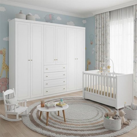 Berço Tutto New e Guarda Roupa Americano Ambiente 6 Portas Branco Fosco - Matic