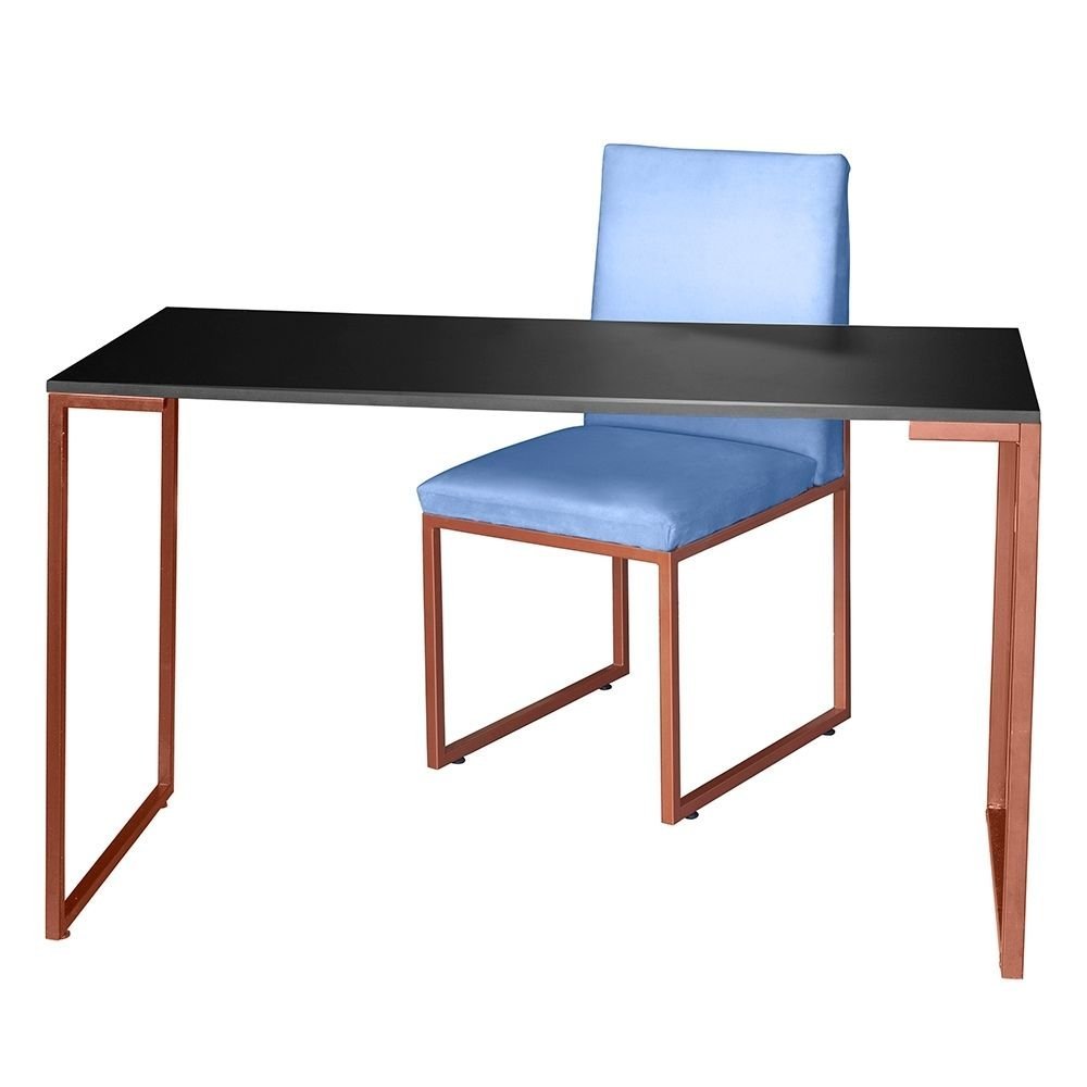 Kit Home Office Mesa Para Escritorio com Cadeira Garden Ferro Bronze Corino Azul Bebê - Móveis