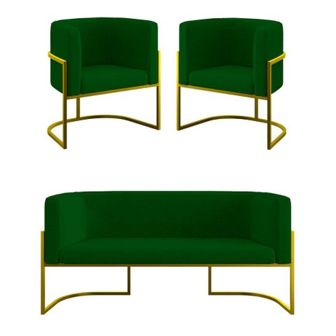 Kit 2 Poltronas + Sofá 2 Lugares Base de Metal Gold Balaqui