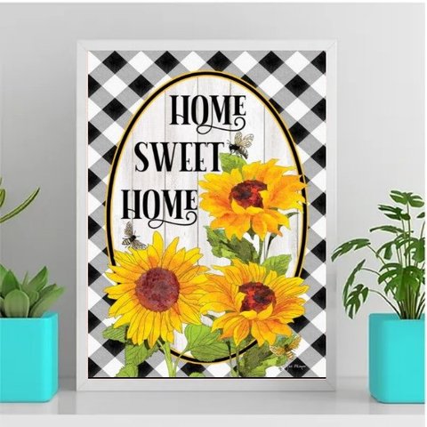 Quadro Home Sweet Home Girassóis 24x18cm:Madeira preta