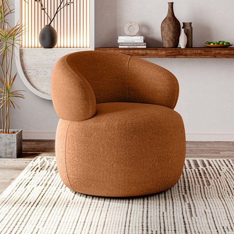 Poltrona Design Sofisticado Orgânica Fino Acabamento Eloah Base Giratória Bouclé Italiano Terra