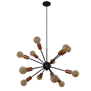 Lustre Pendente Sputinik 12 Hastes - Ideal para Mesa Jantar, Sala, Quarto - Cor Preto com Cobre