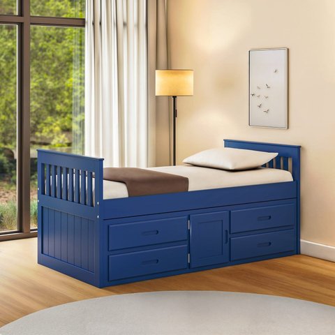 Cama Solteiro com 04 Gavetas e 01 Porta Funcional de Madeira Maciça - Azul Escuro