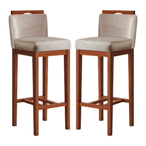 Kit 2 Banquetas Média Estofadas com Encosto 38x92 Cm Líbia Madeira Maciça Suede Bege CCS