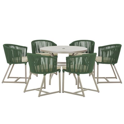 Mesa com 6 Cadeiras de Jantar Roma 120cm e Noronha em Alumínio Fendi Corda Náutica Estofado 7 Trama