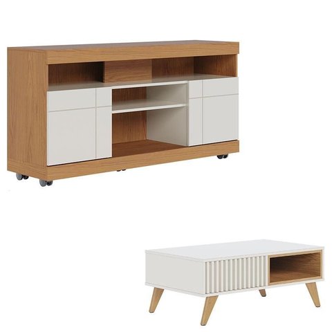 Rack Bancada Yara Freijó Off White com Mesa de Centro Jeri Off White Freijó - Colibri