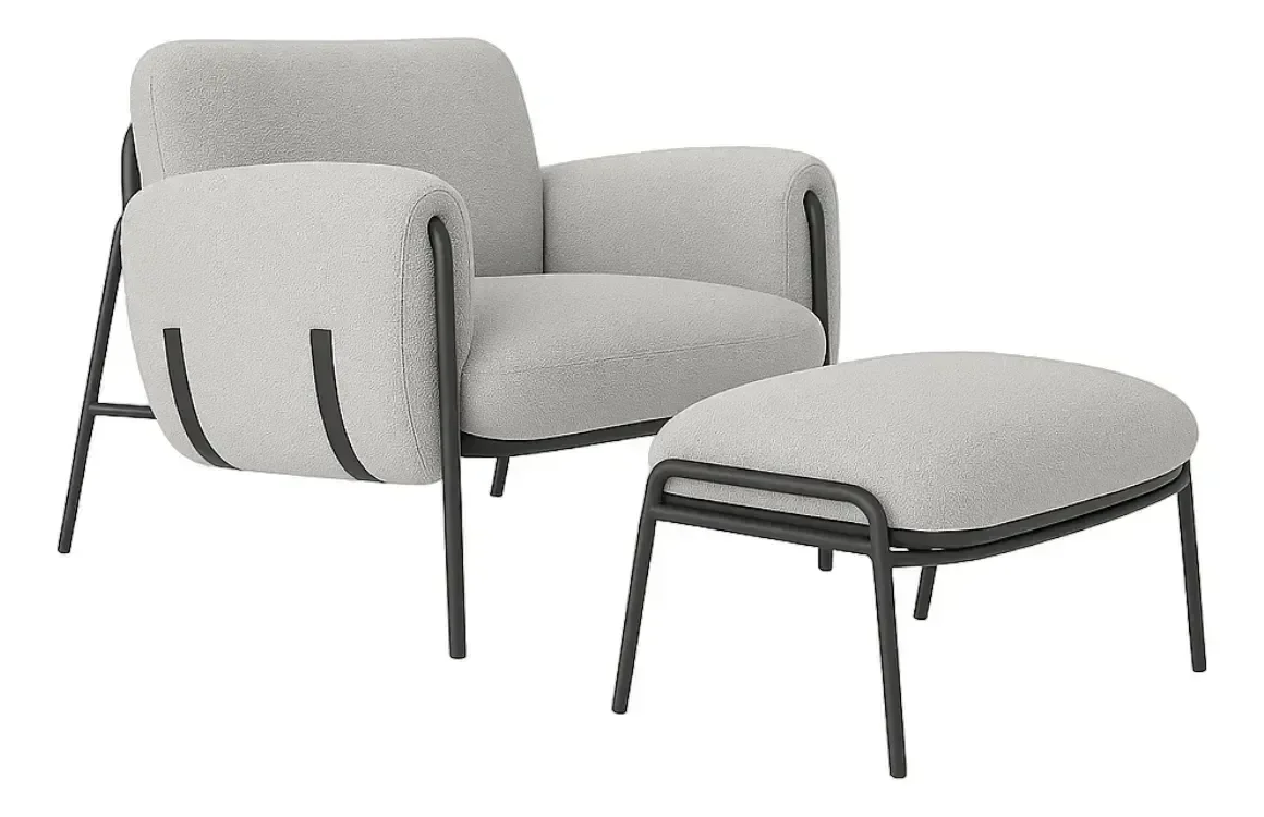 Kit Poltrona Cadeira Decorativa + Puf Serrana Zahav Estofado:Bouclé Cinza Courino Preto