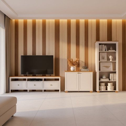 Conjunto de Sala 3 Peças Rack, 1 Estante,1 Armário Madeira Maciça Ananda CabeCasa MadeiraOriginals Branco Off White/Mel