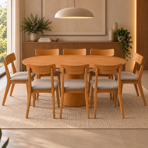 Conjunto Sala de Jantar Mesa Oval Genebra 160cm e 8 Cadeiras Rafa Nozes / Cinza