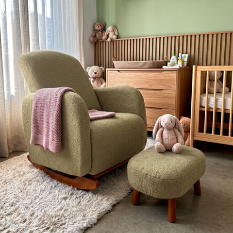 Poltrona Amamentação Balanço Madeira e Puff Jhessy Bouclê Pistache R04 - D’Rossi