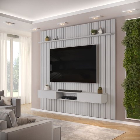 Conjunto com Painel Ripado e Bancada Suspensa 250cm Trento para Sala de Estar Bali DJ Móveis
