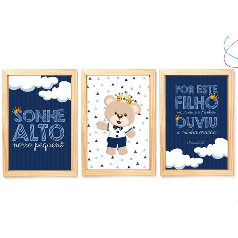 3 Quadros Decorativos Ursinho Príncipe 20x30 Moldura e Vidro:pinus