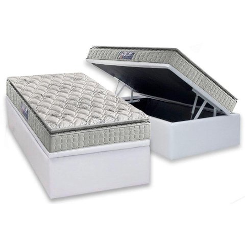Cama Box Baú Solteiro: Colchão Espuma D33 Anjos Orthosono Pillow Top + Base CRC Courano White(