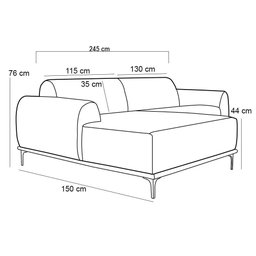 Sofá 2,45M 4 Lugares com Chaise Esquerdo Pés Gold Molino B-159 Corano Preto - 4