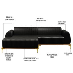 Sofá 2,45M 4 Lugares com Chaise Esquerdo Pés Gold Molino B-159 Corano Preto - 3