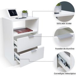 Kit 2 Mesas de Cabeceira Branca com 2 Gavetas e Nicho Mesinha Quarto Lateral da Cama Estilo Cômoda - 4