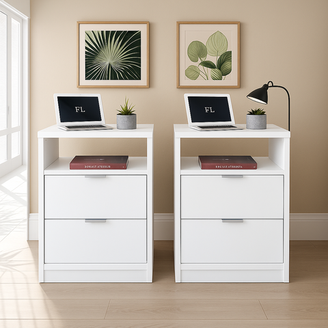 Kit 2 Mesas de Cabeceira Branca com 2 Gavetas e Nicho Mesinha Quarto Lateral da Cama Estilo Cômoda