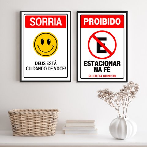 Kit 2 Quadros Placas Cristãs - Fé 24x18cm - com Vidro:madeira Branca