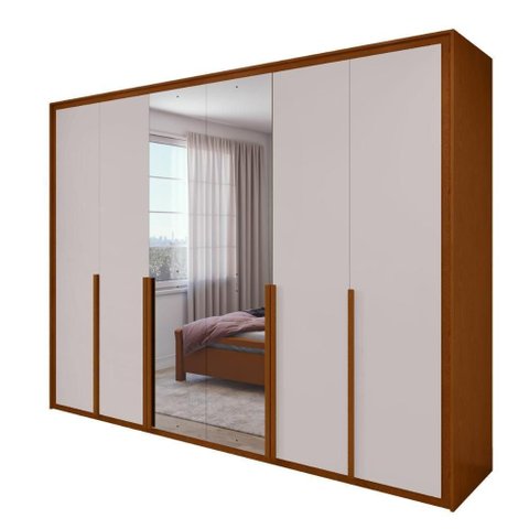 Guarda Roupa Casal Easy Space 6 Portas de Bater 6 Gavetas MDF com Espelho Frassino-Off White 274cm