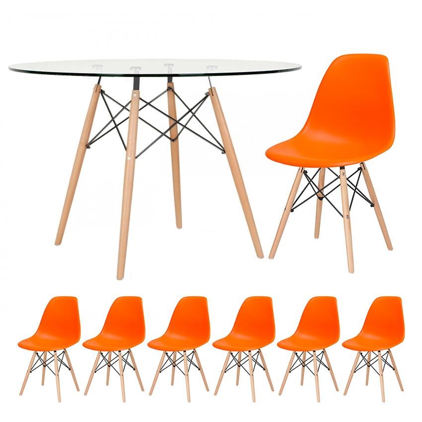 KIT - Mesa Eames com tampo de vidro 120 cm + 6 cadeiras Eiffel DSW Laranja - 1