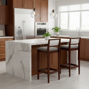 Kit 2 Banquetas Estofada em Linho Encosto Palhinha Bruna:imbuia com Linho Cinza