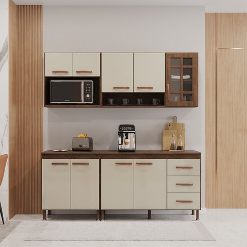 Armário de Cozinha Modulada Compacta Fidelitá Lisboa 4 Peças 190cm 9 Portas 3 Gavetas com Tampo
