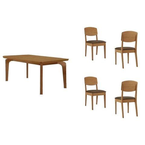 Sala de Jantar Completa Londrina C/ Tampo Madeirado C/ Vidro Canto Curvo 120x80cm 4 Cadeiras Havana