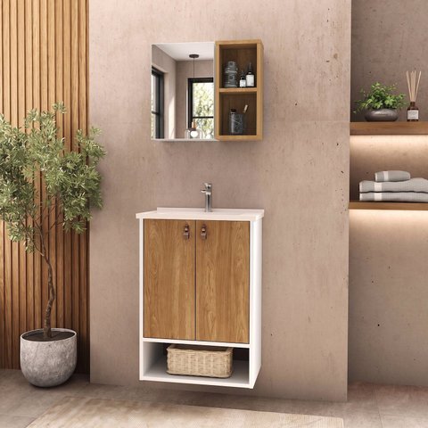 Conjunto Gabinete para Banheiro 50,5cm com Espelheira e Cuba Siena