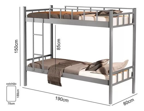 Beliche Tubular Ferro e Aço para Duas Pessoas Colchão 78:cinza - 2